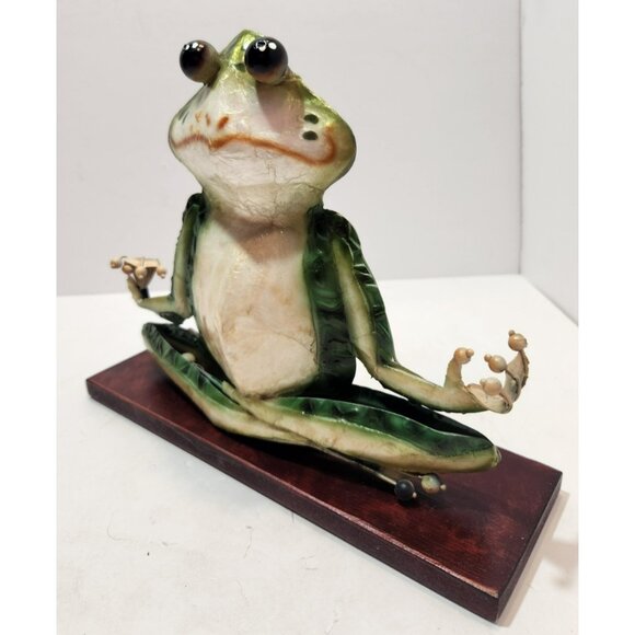 Metal Yoga Meditation Frog Decor on Wooden Base 7.5" Tall by 10" Long - Picture 4 of 14